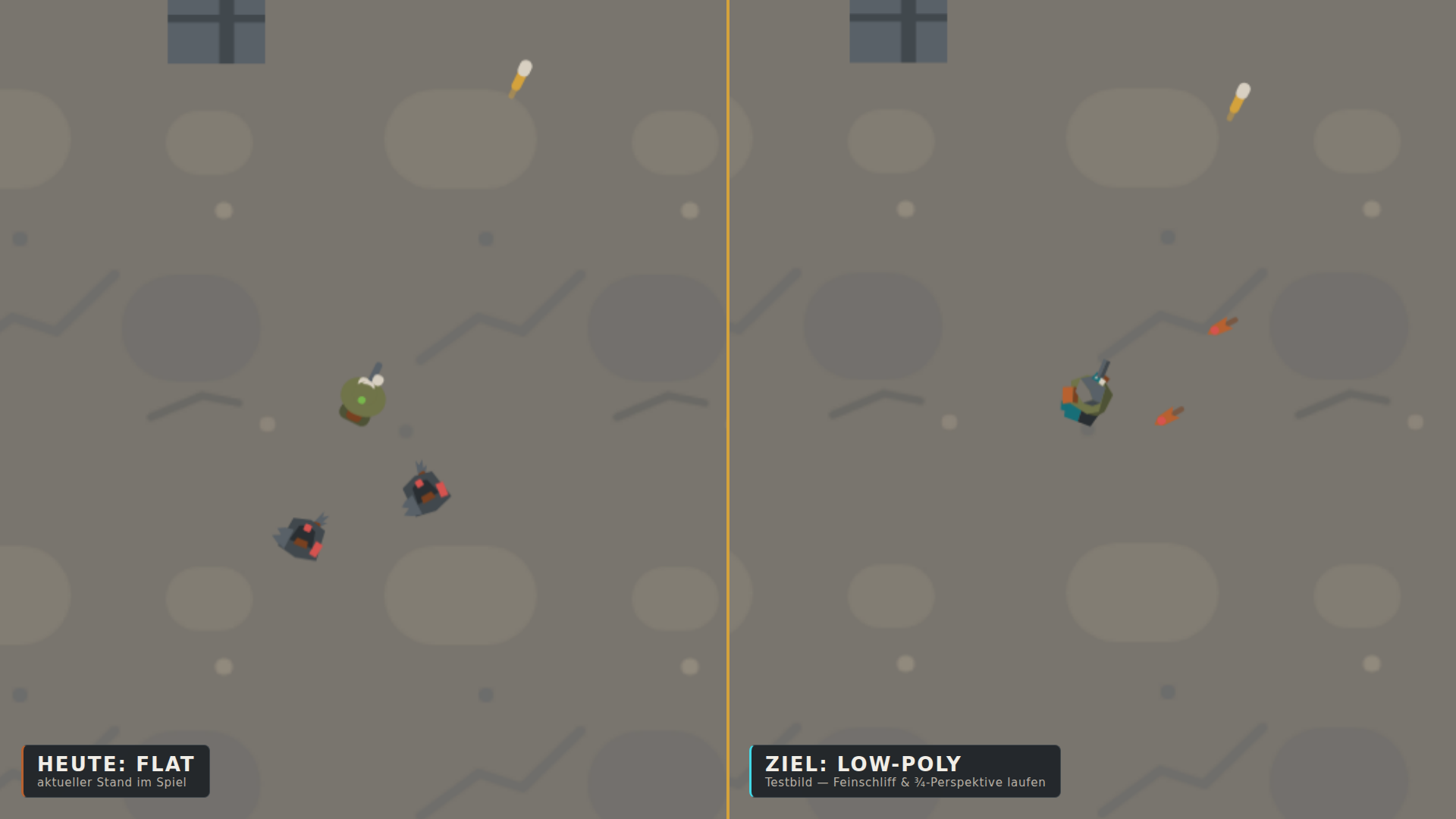 Vergleichscollage: links der heutige Flat-Stil, rechts das Low-Poly-Testbild mit facettierten Figuren