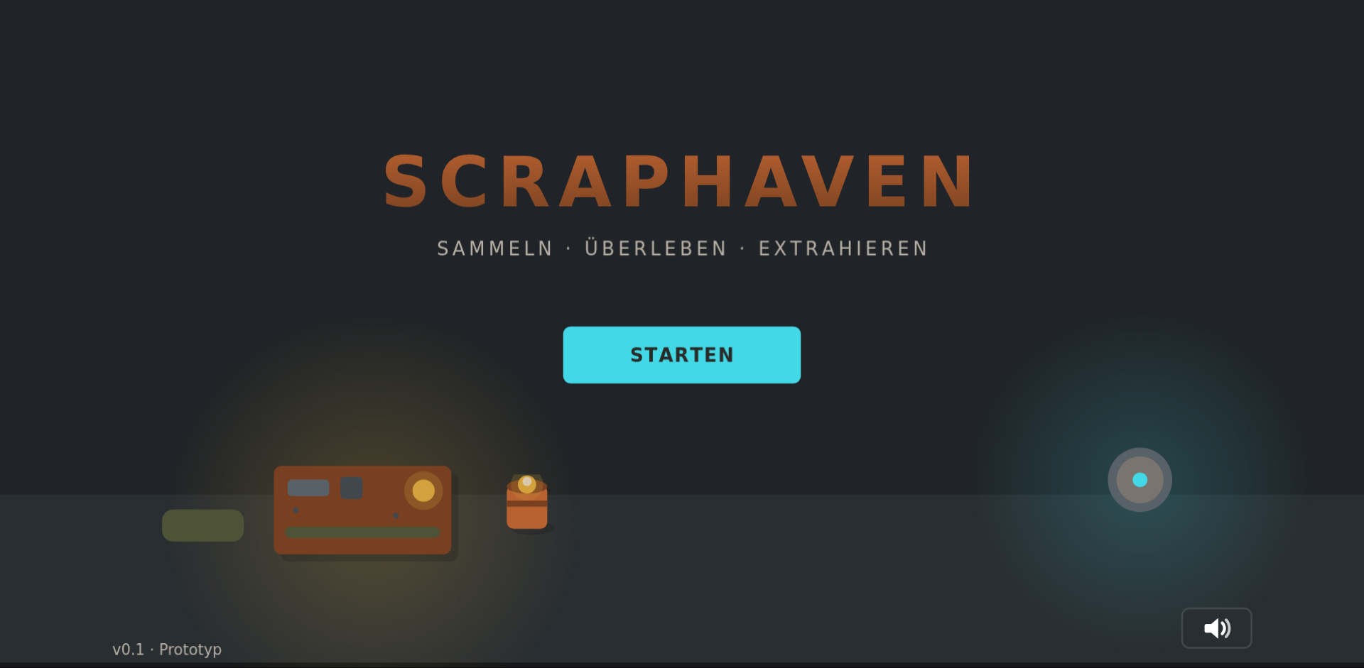 Der neue Titelbildschirm: Scraphaven-Schriftzug, Slogan Sammeln·Überleben·Extrahieren, Cyan-Startknopf, Werkstatt-Requisiten